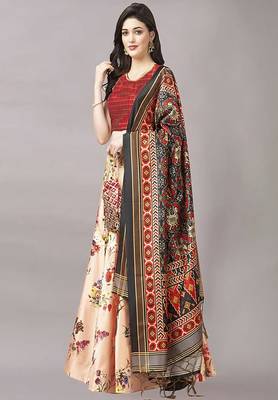 beige Digital Floral Print Satin Silk  Lehenga Choli with Dupatta 2