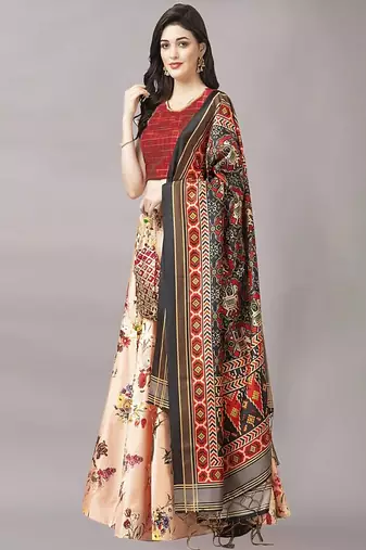 beige Digital Floral Print Satin Silk  Lehenga Choli with Dupatta
