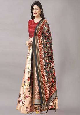 beige Digital Floral Print Satin Silk  Lehenga Choli with Dupatta 3
