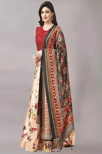 beige Digital Floral Print Satin Silk  Lehenga Choli with Dupatta