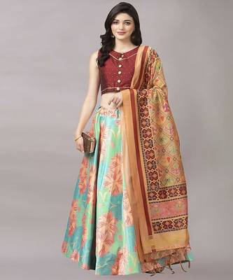 brown Digital Floral Print Satin Silk  Lehenga Choli With Jacquard Unstitched Blouse and Assami Silk Thread Work Dupatta 1