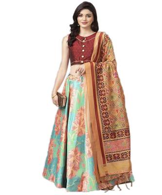brown Digital Floral Print Satin Silk  Lehenga Choli With Jacquard Unstitched Blouse and Assami Silk Thread Work Dupatta 2