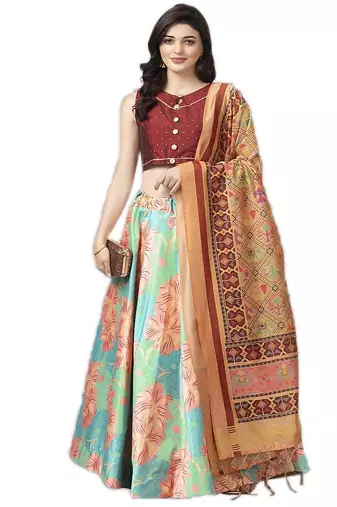 brown Digital Floral Print Satin Silk  Lehenga Choli With Jacquard Unstitched Blouse and Assami Silk Thread Work Dupatta