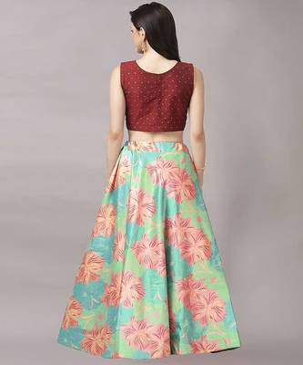 brown Digital Floral Print Satin Silk  Lehenga Choli With Jacquard Unstitched Blouse and Assami Silk Thread Work Dupatta 3