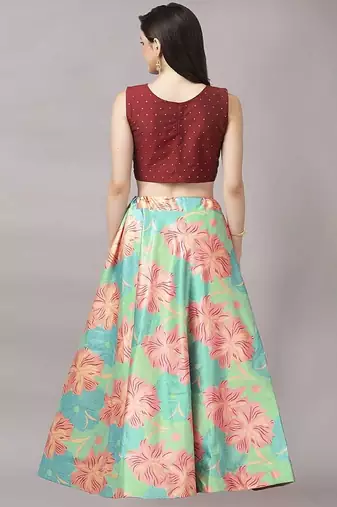 brown Digital Floral Print Satin Silk  Lehenga Choli With Jacquard Unstitched Blouse and Assami Silk Thread Work Dupatta
