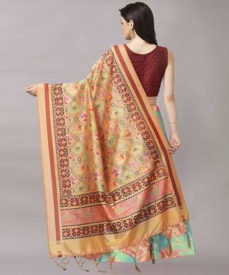 brown Digital Floral Print Satin Silk  Lehenga Choli With Jacquard Unstitched Blouse and Assami Silk Thread Work Dupatta 4