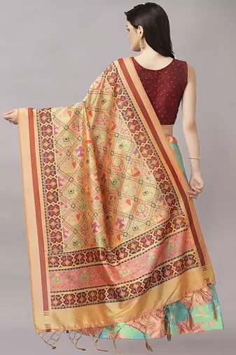 brown Digital Floral Print Satin Silk  Lehenga Choli With Jacquard Unstitched Blouse and Assami Silk Thread Work Dupatta