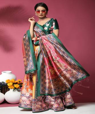 tan Digital Floral Print Satin Silk  Lehenga Choli With Jacquard Unstitched Blouse and Assami Silk Thread Work Dupatta 1