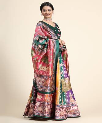 tan Digital Floral Print Satin Silk  Lehenga Choli With Jacquard Unstitched Blouse and Assami Silk Thread Work Dupatta 2