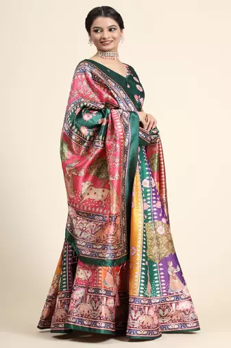 tan Digital Floral Print Satin Silk  Lehenga Choli With Jacquard Unstitched Blouse and Assami Silk Thread Work Dupatta