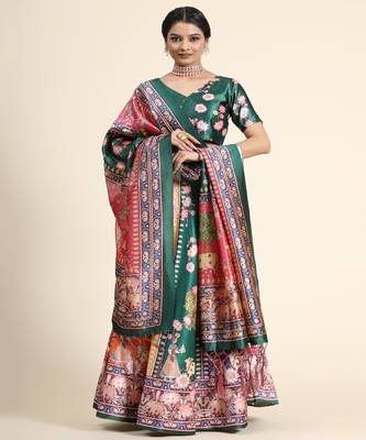 tan Digital Floral Print Satin Silk  Lehenga Choli With Jacquard Unstitched Blouse and Assami Silk Thread Work Dupatta 3