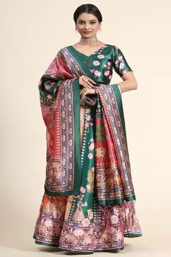 tan Digital Floral Print Satin Silk  Lehenga Choli With Jacquard Unstitched Blouse and Assami Silk Thread Work Dupatta