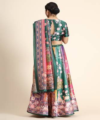 tan Digital Floral Print Satin Silk  Lehenga Choli With Jacquard Unstitched Blouse and Assami Silk Thread Work Dupatta 4