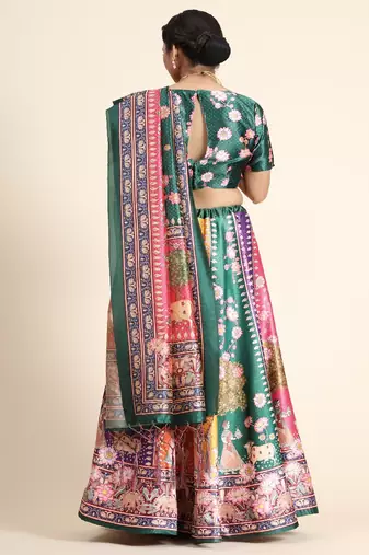 tan Digital Floral Print Satin Silk  Lehenga Choli With Jacquard Unstitched Blouse and Assami Silk Thread Work Dupatta