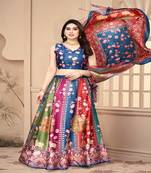 blue Digital Floral Print Satin Silk  Lehenga Choli With Jacquard Unstitched Blouse and Assami Silk Thread Work Dupatta