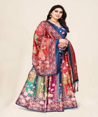 blue Digital Floral Print Satin Silk  Lehenga Choli With Jacquard Unstitched Blouse and Assami Silk Thread Work Dupatta 2