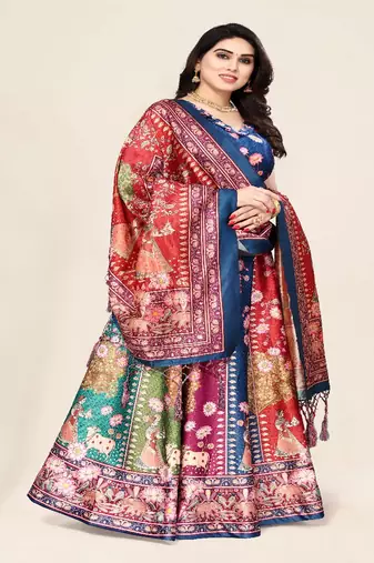 blue Digital Floral Print Satin Silk  Lehenga Choli With Jacquard Unstitched Blouse and Assami Silk Thread Work Dupatta