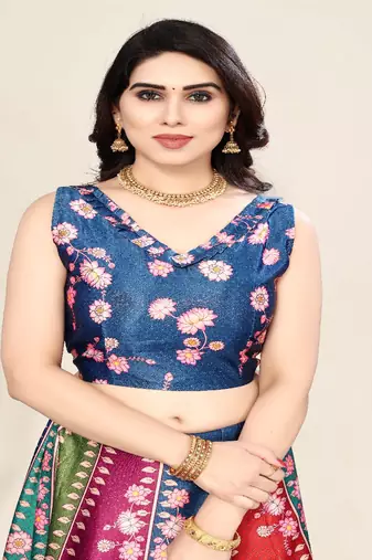 blue Digital Floral Print Satin Silk  Lehenga Choli With Jacquard Unstitched Blouse and Assami Silk Thread Work Dupatta