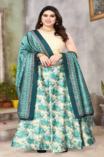 tan Digital Floral Print Satin Silk  Lehenga Choli With Jacquard Unstitched Blouse and Assami Silk Thread Work Dupatta