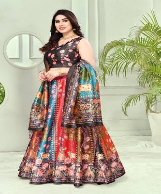 dark-grey Floral Print Satin Silk  Lehenga Choli With Jacquard Unstitched Blouse and Assami Silk Thread Work Dupatta 1