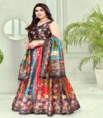 dark-grey Floral Print Satin Silk  Lehenga Choli With Jacquard Unstitched Blouse and Assami Silk Thread Work Dupatta
