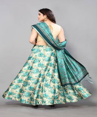 tan Digital Floral Print Satin Silk  Lehenga Choli With Jacquard Unstitched Blouse and Assami Silk Thread Work Dupatta 3