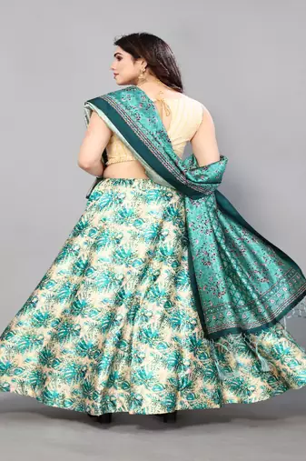 tan Digital Floral Print Satin Silk  Lehenga Choli With Jacquard Unstitched Blouse and Assami Silk Thread Work Dupatta