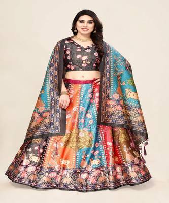dark-grey Floral Print Satin Silk  Lehenga Choli With Jacquard Unstitched Blouse and Assami Silk Thread Work Dupatta 2