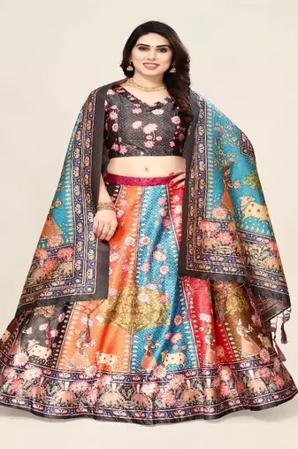 dark-grey Floral Print Satin Silk  Lehenga Choli With Jacquard Unstitched Blouse and Assami Silk Thread Work Dupatta