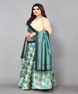tan Digital Floral Print Satin Silk  Lehenga Choli With Jacquard Unstitched Blouse and Assami Silk Thread Work Dupatta 4