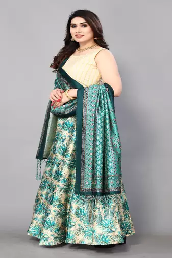 tan Digital Floral Print Satin Silk  Lehenga Choli With Jacquard Unstitched Blouse and Assami Silk Thread Work Dupatta