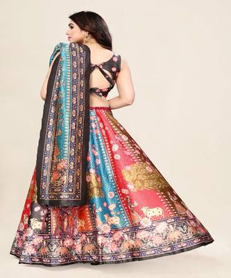 dark-grey Floral Print Satin Silk  Lehenga Choli With Jacquard Unstitched Blouse and Assami Silk Thread Work Dupatta 3