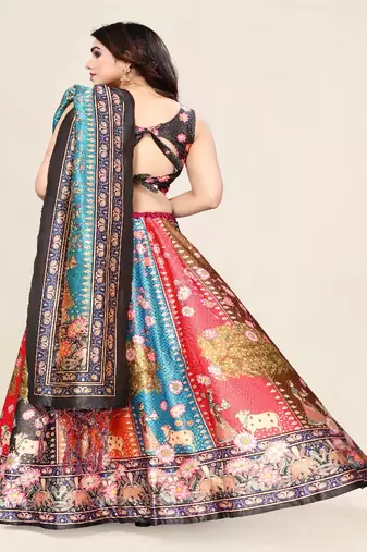 dark-grey Floral Print Satin Silk  Lehenga Choli With Jacquard Unstitched Blouse and Assami Silk Thread Work Dupatta