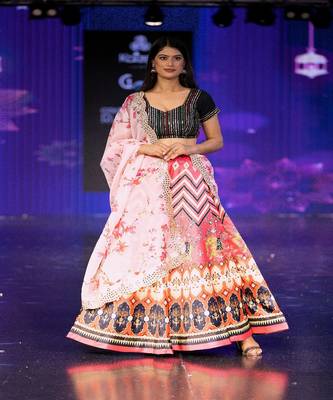 pink Motif Print Shiney Satin Lehenga Choli With Unstitched Sequin Blouse and Shiney Organza Silk Dupatta 1