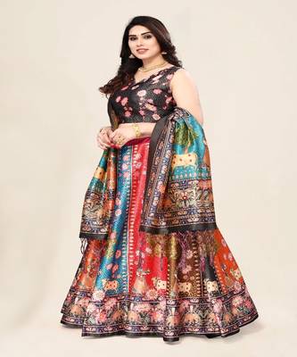 dark-grey Floral Print Satin Silk  Lehenga Choli With Jacquard Unstitched Blouse and Assami Silk Thread Work Dupatta 4