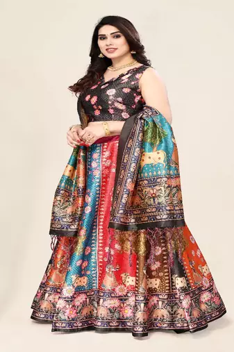 dark-grey Floral Print Satin Silk  Lehenga Choli With Jacquard Unstitched Blouse and Assami Silk Thread Work Dupatta