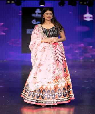 pink Motif Print Shiney Satin Lehenga Choli With Unstitched Sequin Blouse and Shiney Organza Silk Dupatta 2