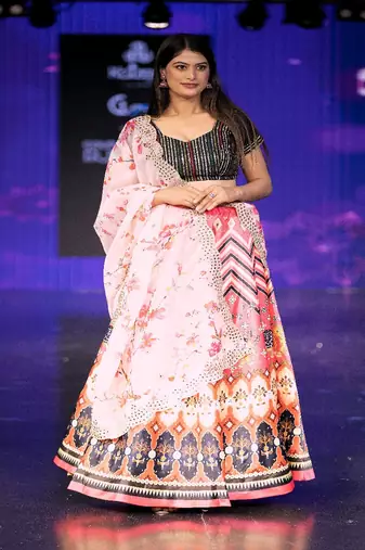 pink Motif Print Shiney Satin Lehenga Choli With Unstitched Sequin Blouse and Shiney Organza Silk Dupatta