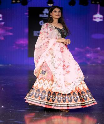 pink Motif Print Shiney Satin Lehenga Choli With Unstitched Sequin Blouse and Shiney Organza Silk Dupatta 3