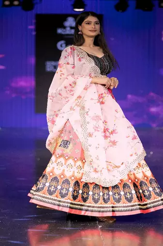 pink Motif Print Shiney Satin Lehenga Choli With Unstitched Sequin Blouse and Shiney Organza Silk Dupatta