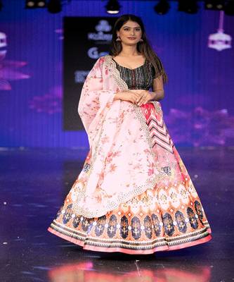 pink Motif Print Shiney Satin Lehenga Choli With Unstitched Sequin Blouse and Shiney Organza Silk Dupatta 4