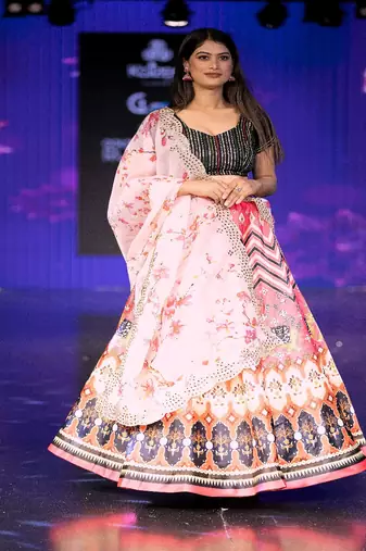pink Motif Print Shiney Satin Lehenga Choli With Unstitched Sequin Blouse and Shiney Organza Silk Dupatta