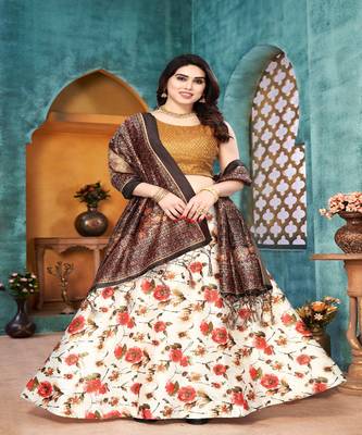 orange Floral Print Satin Silk  Lehenga Choli With Jacquard Unstitched Blouse and Assami Silk Thread Work Dupatta 1