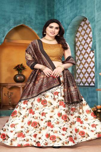 orange Floral Print Satin Silk  Lehenga Choli With Jacquard Unstitched Blouse and Assami Silk Thread Work Dupatta