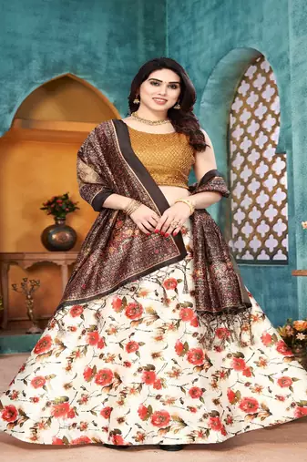 orange Floral Print Satin Silk  Lehenga Choli With Jacquard Unstitched Blouse and Assami Silk Thread Work Dupatta