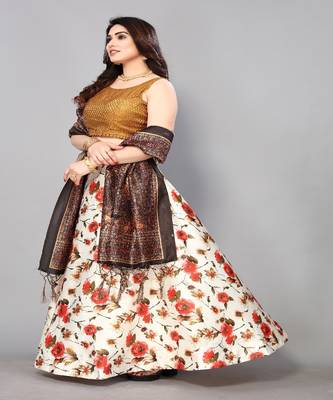 orange Floral Print Satin Silk  Lehenga Choli With Jacquard Unstitched Blouse and Assami Silk Thread Work Dupatta 2