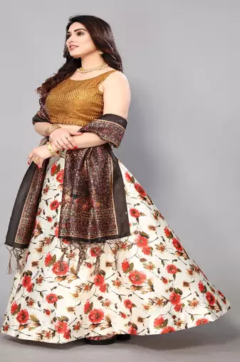 orange Floral Print Satin Silk  Lehenga Choli With Jacquard Unstitched Blouse and Assami Silk Thread Work Dupatta