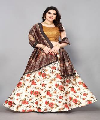 orange Floral Print Satin Silk  Lehenga Choli With Jacquard Unstitched Blouse and Assami Silk Thread Work Dupatta 3