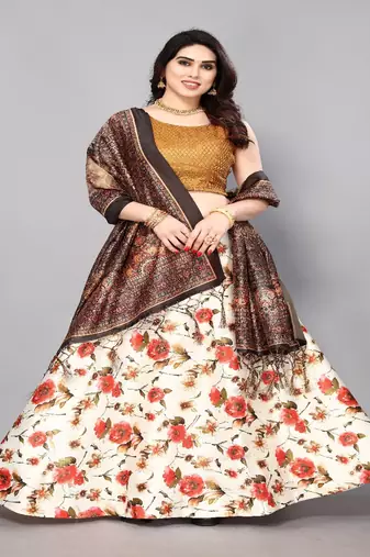 orange Floral Print Satin Silk  Lehenga Choli With Jacquard Unstitched Blouse and Assami Silk Thread Work Dupatta