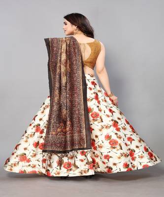 orange Floral Print Satin Silk  Lehenga Choli With Jacquard Unstitched Blouse and Assami Silk Thread Work Dupatta 4